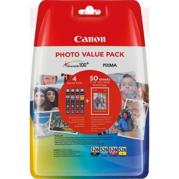 canon cli-526 c/m/y/bk photo value pack - pack de 4 - noir, jaune, cyan, magenta - originale d'origine