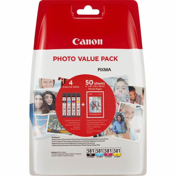 Canon CLI-581 C/M/Y/BK Photo Value Pack - pack de 4 - noir, jaune, cyan, magenta - originale - réservoir d'encre/kit papiers
