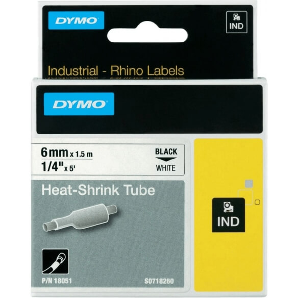 DYMO 18051 Rhino Gaine Thermo-rétractables Noir sur Blanc 6mm x 1.5m