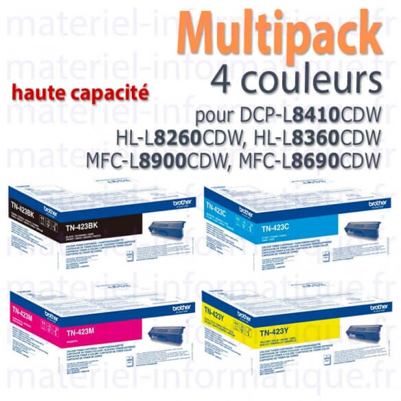 Multipack 4 couleurs hautes capacités Brother TN423 pour DCP-L8410, HL-L8260, HL-L8360, MFC-L8900, MFC-L8690 d'origine