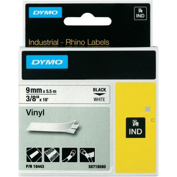 DYMO 18443 Rhino Ruban Vinyl Coloré Blanc sur Noir 9mm x 5.5m