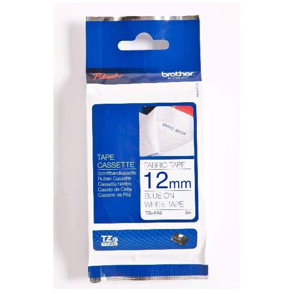 Brother TZE-FA3 Ruban tissu largeur 12 mm Bleu sur Blanc 3m