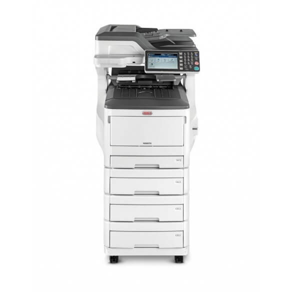OKI MC873DNV, imprimante multifonction A3-A4, laser couleur, recto-verso, avec 4 magasins papier de 500 feuilles et meuble support