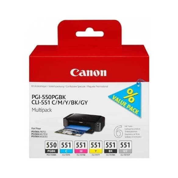 Canon PGI-550/CLI-551 PGBK/C/M/Y/BK/GY Multi Pack de 6 - gris, noir, jaune, cyan, magenta - 1