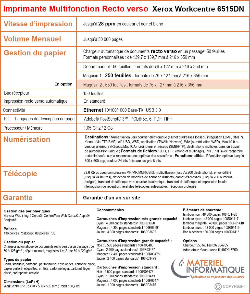 Tableau imprimante recto verso petit prix xerox 6515DN